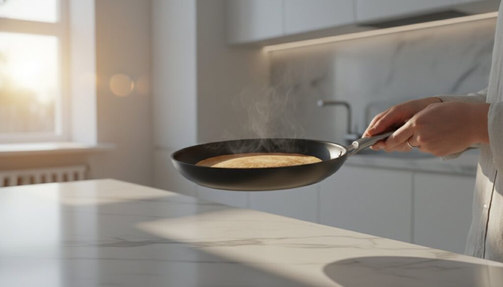 Skristas blynai ant keptuvės virtuvėje.