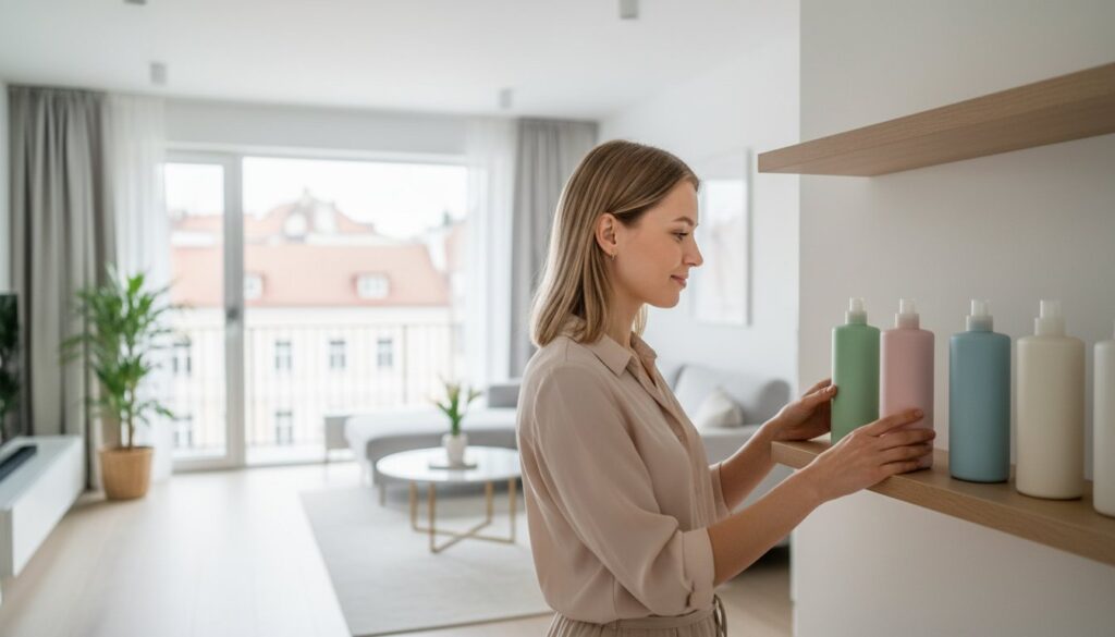 Moteris renkasi grožio priemones šiuolaikiniame interjere.