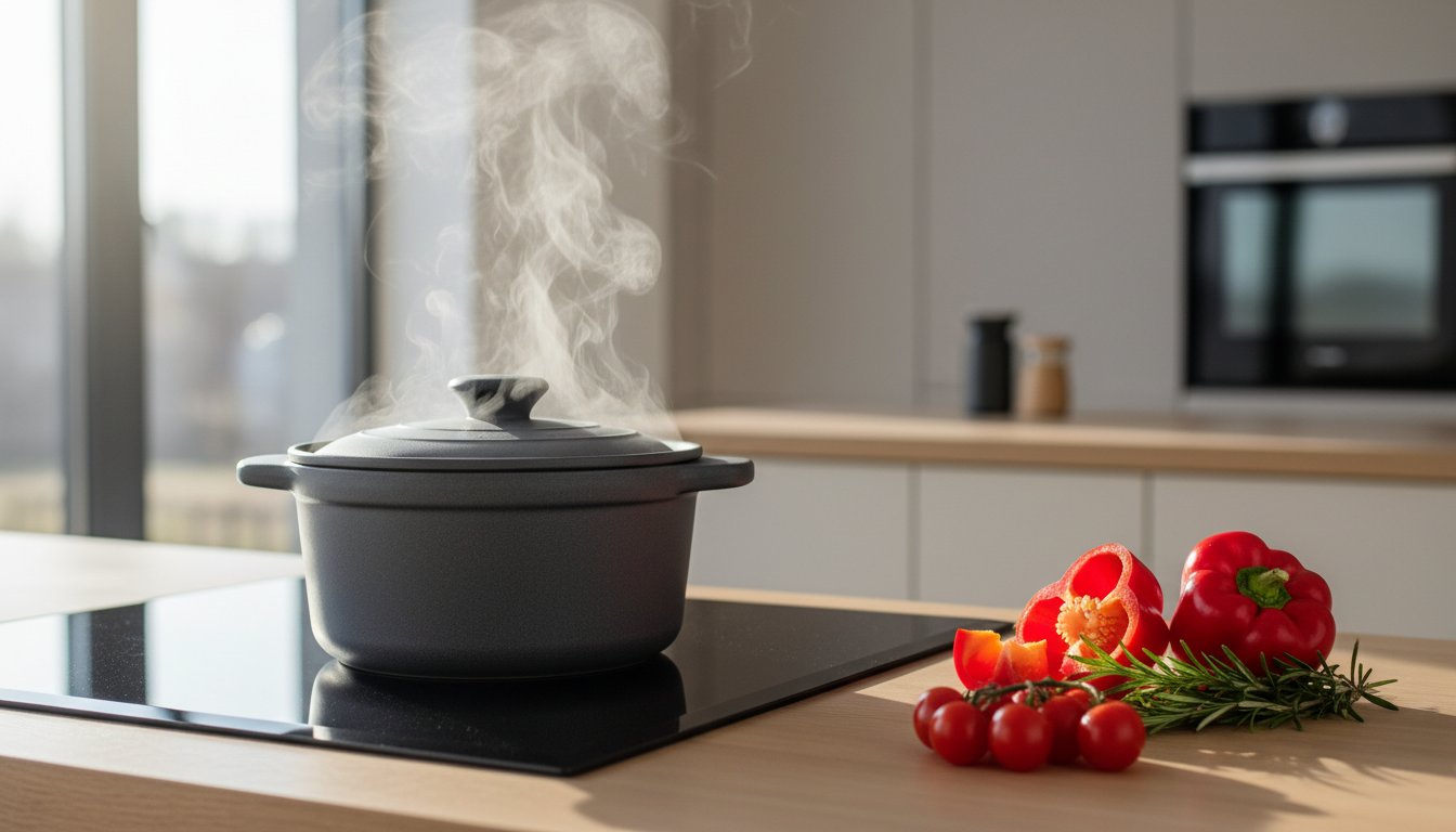 Virtuvėje garuojantis puodas ir švieži ingredientai