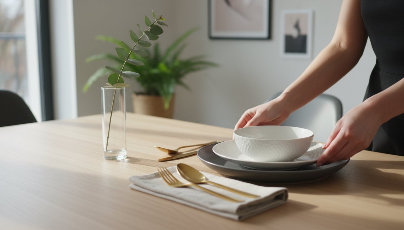 Pietų stalas su indais ir dekoru.