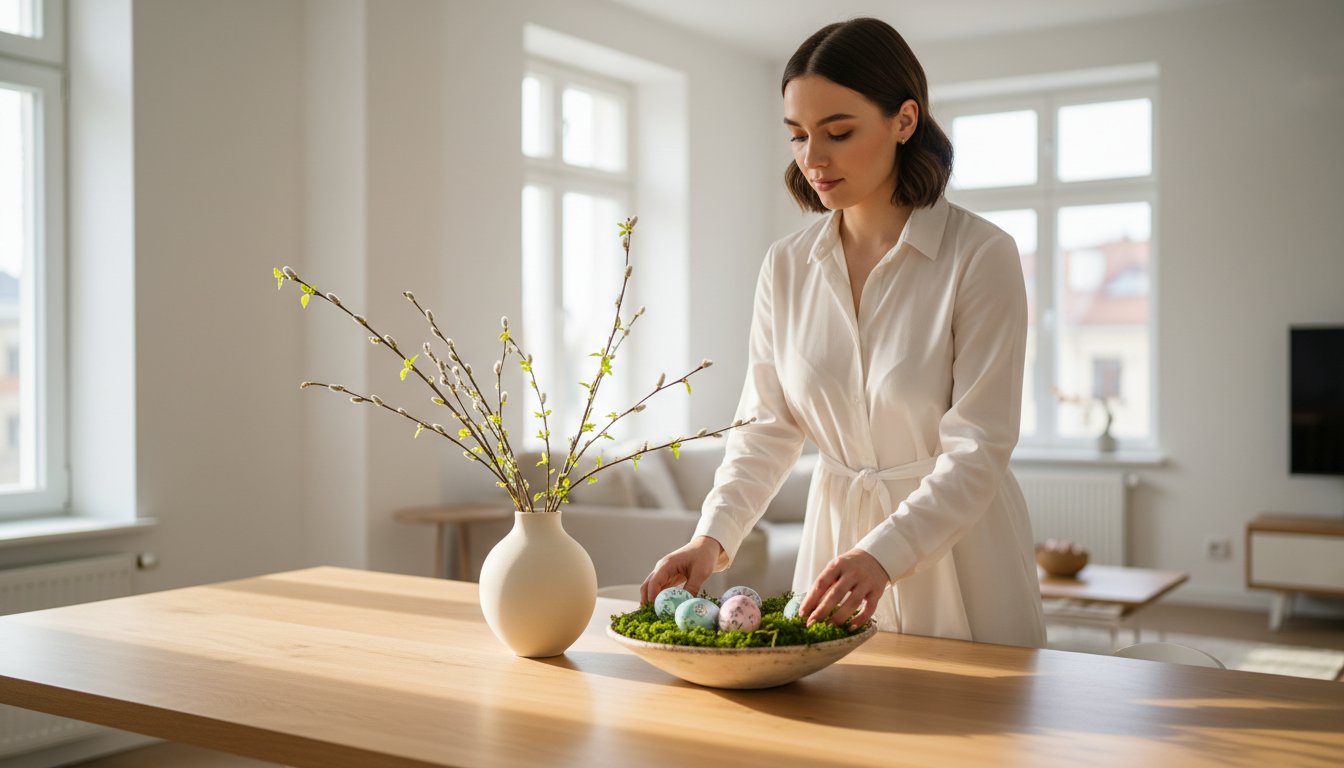 Moteris puošia stalą Velykų dekoracijomis