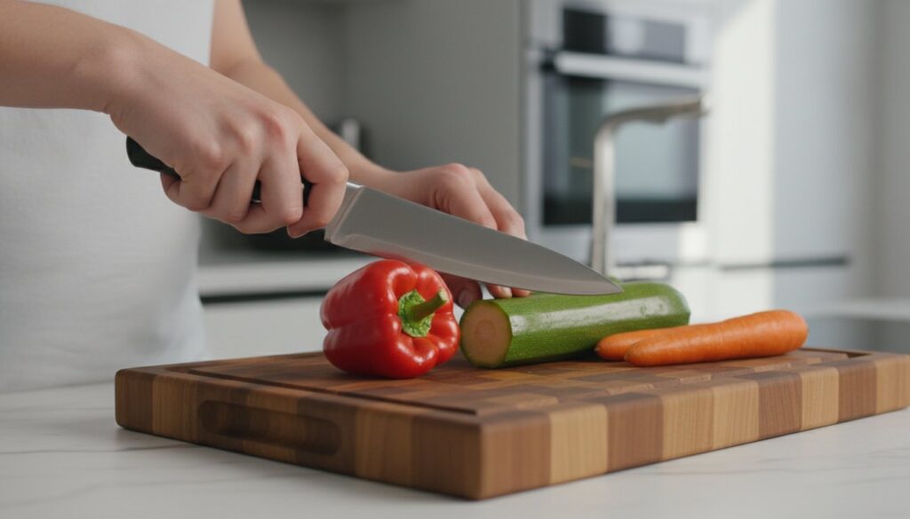 Asmuo pjauna daržoves virtuvėje ant pjaustymo lentos.