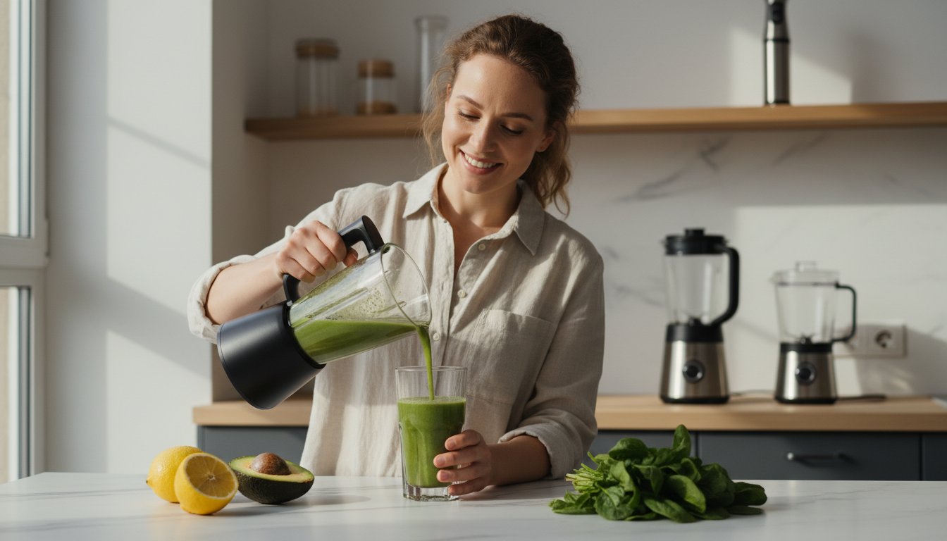 Moteris pilsto žalią kokteilį į taurę