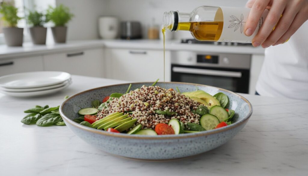 Šviežia salotos su kvinoja ir daržovėmis