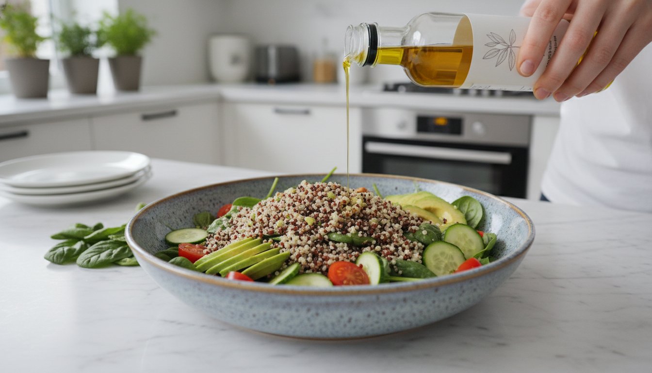 Šviežia salotos su kvinoja ir daržovėmis