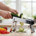 Daržovių pjaustymas naudojant pjaustyklę.