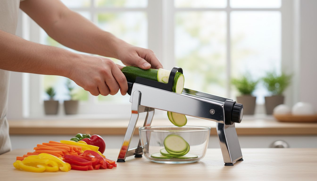 Daržovių pjaustymas naudojant pjaustyklę.