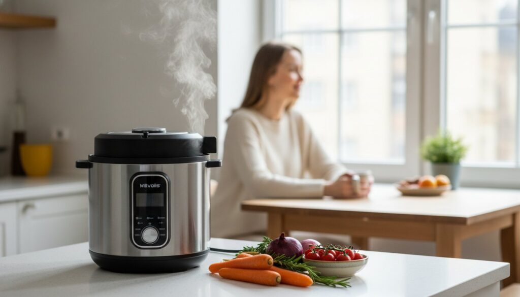 Kaitlentė su garu ir daržovėmis virtuvėje.