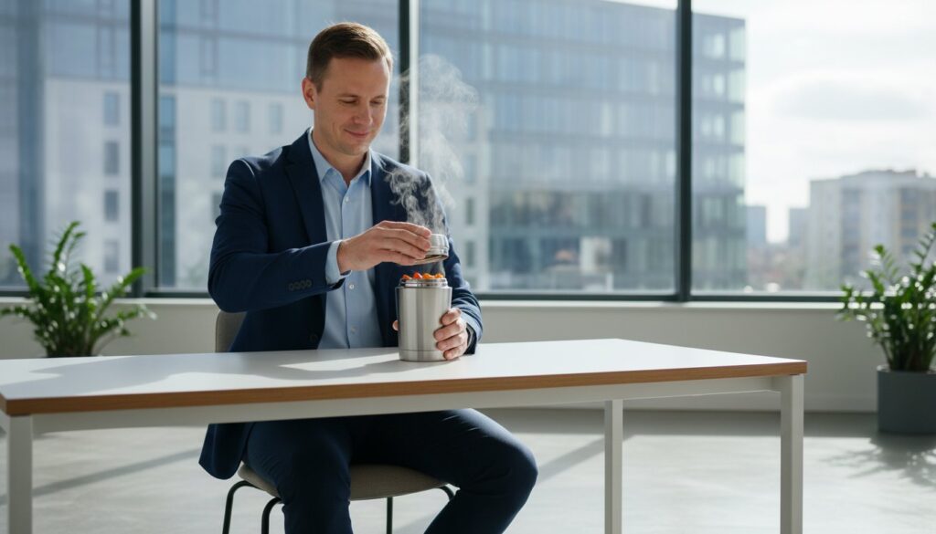 Vyras atidaro garuojančią maisto talpyklą.