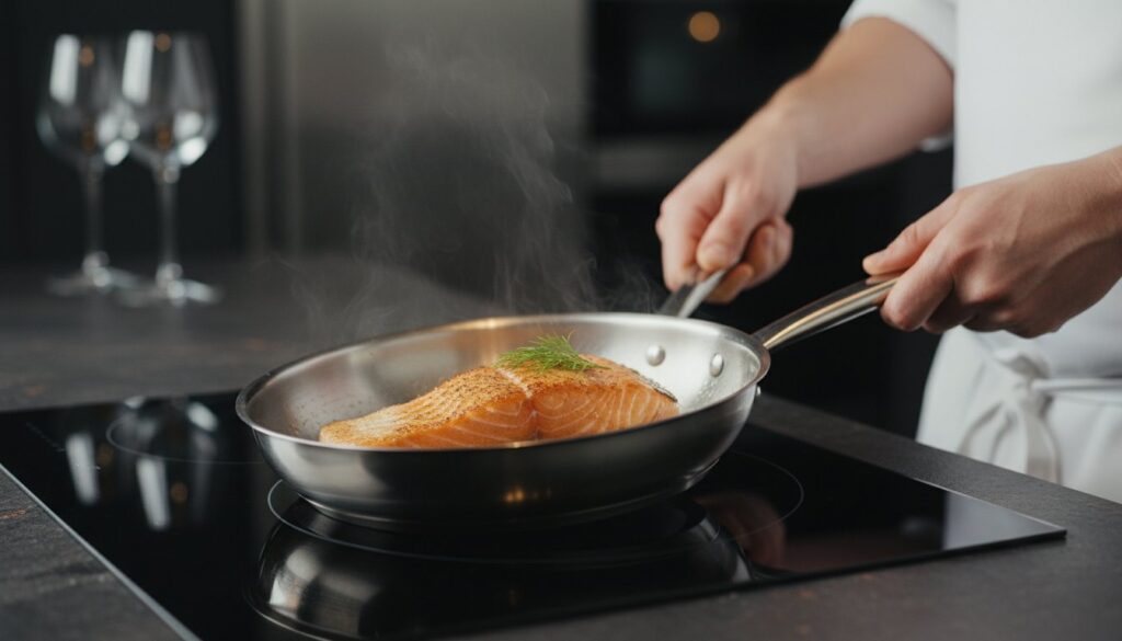 Kepama lašiša virtuvėje su garais