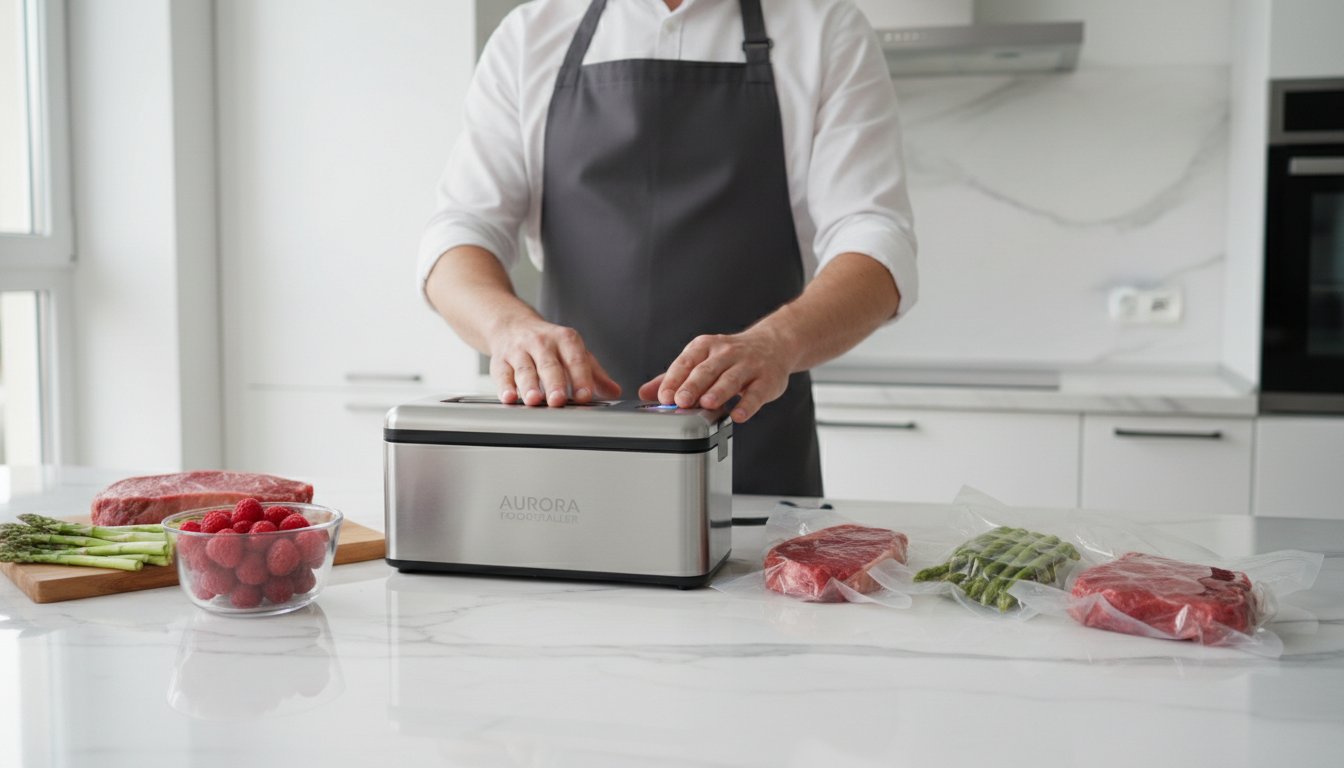 Asmuo užsiima maisto vakuuminimu virtuvėje