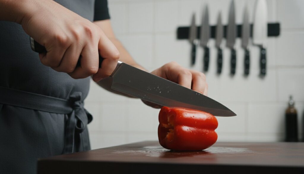 Virtuvėje pjaustomas raudonas pipiras
