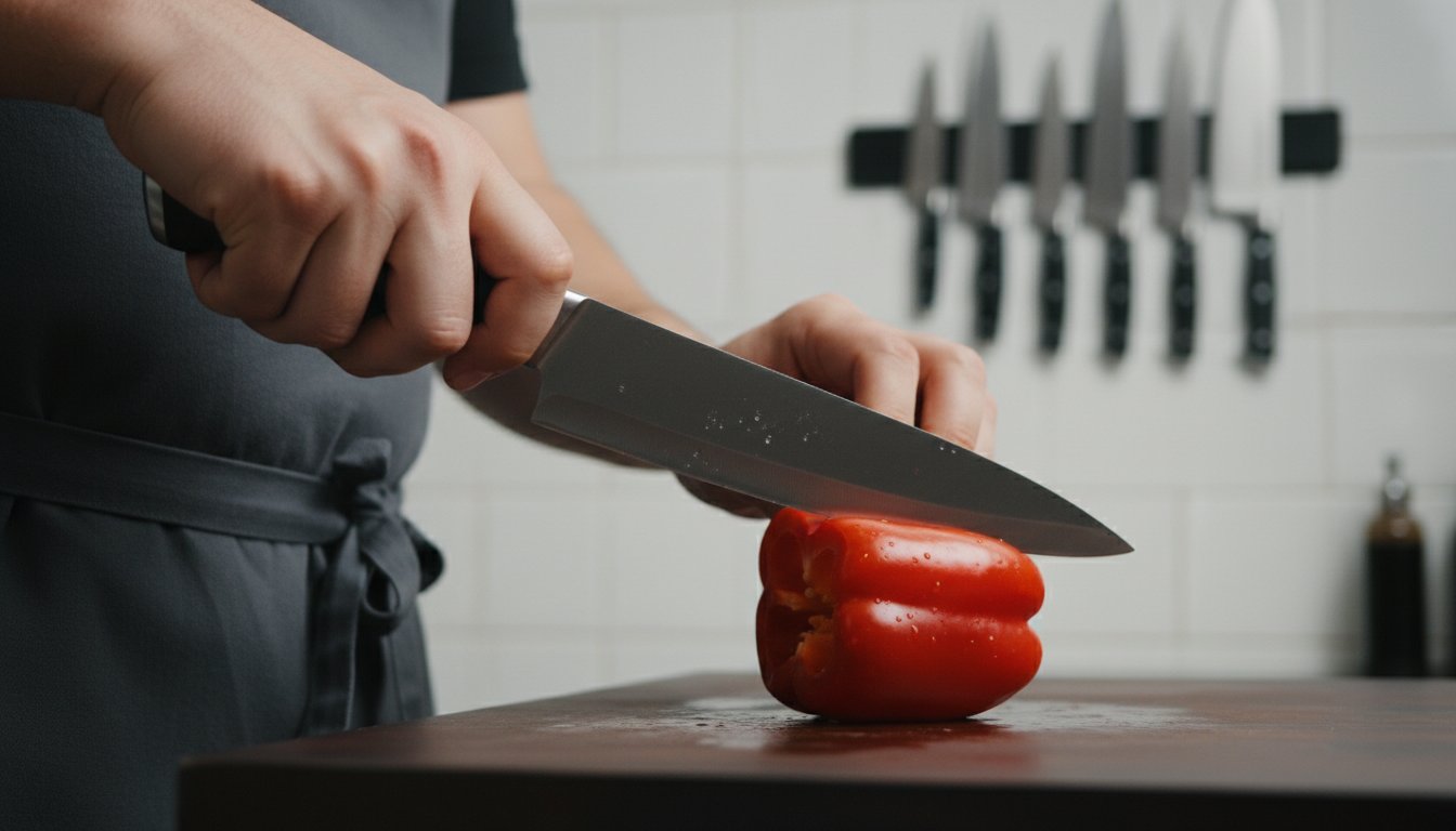 Virtuvėje pjaustomas raudonas pipiras