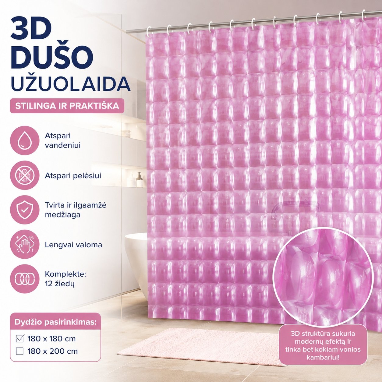 3d-duso-uzuolaida-rozine 3D Dušo Užuolaida ROŽINĖ - Image 1