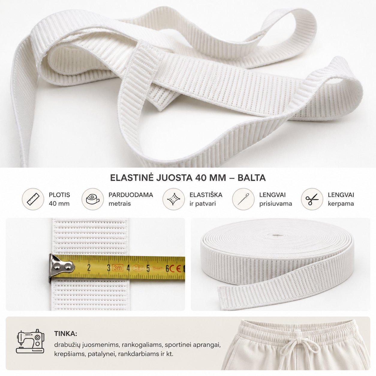 balta-elastine-juosta-40-mm-parduodama-metrais Balta elastinė juosta 40 mm – parduodama metrais - Image 1