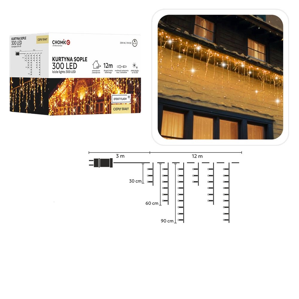 kaledine-led-uzuolaidavarvekliai-300-led-siltai-balta-sviesa-12-m Kalėdinė LED užuolaida/varvekliai, 300 LED, šiltai balta šviesa, 12 m - Image 1