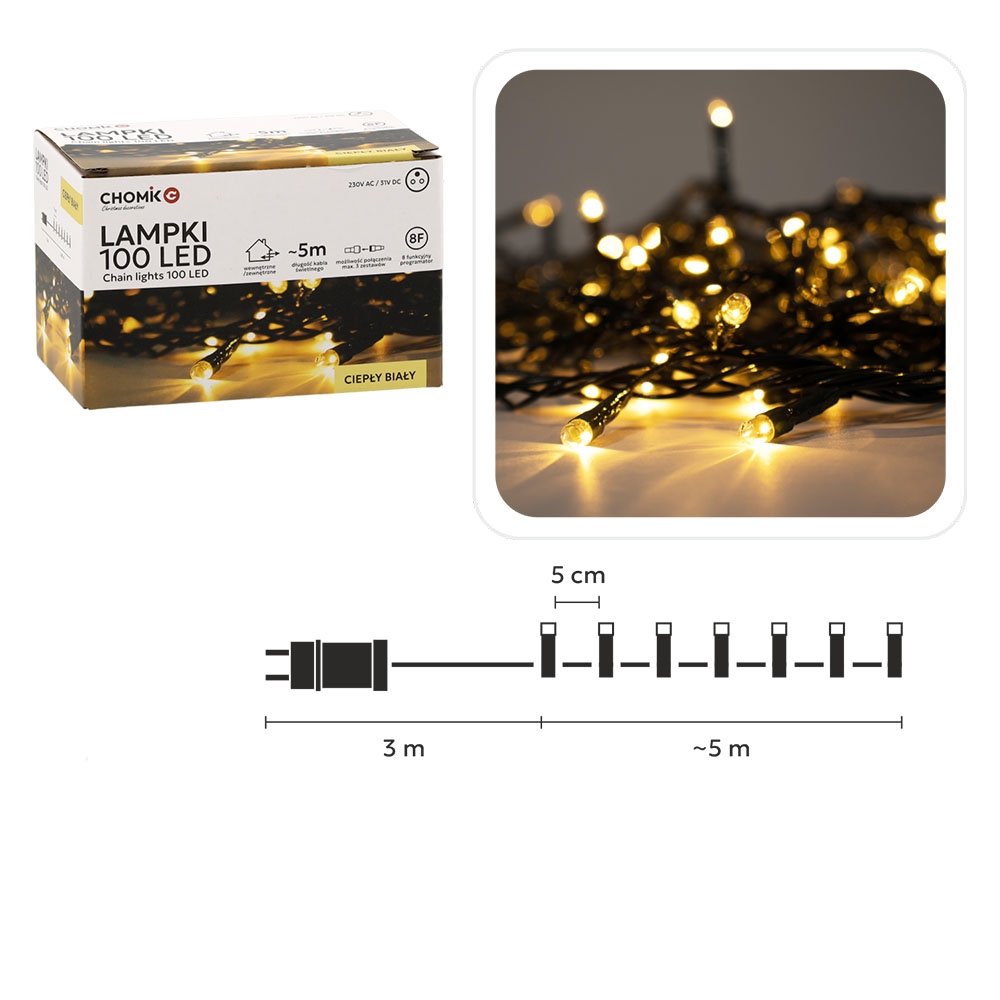 kaledines-led-girliandos-100-led-siltai-balta-sviesa-5-m Kalėdinės LED girliandos, 100 LED, šiltai balta šviesa, 5 m - Image 1