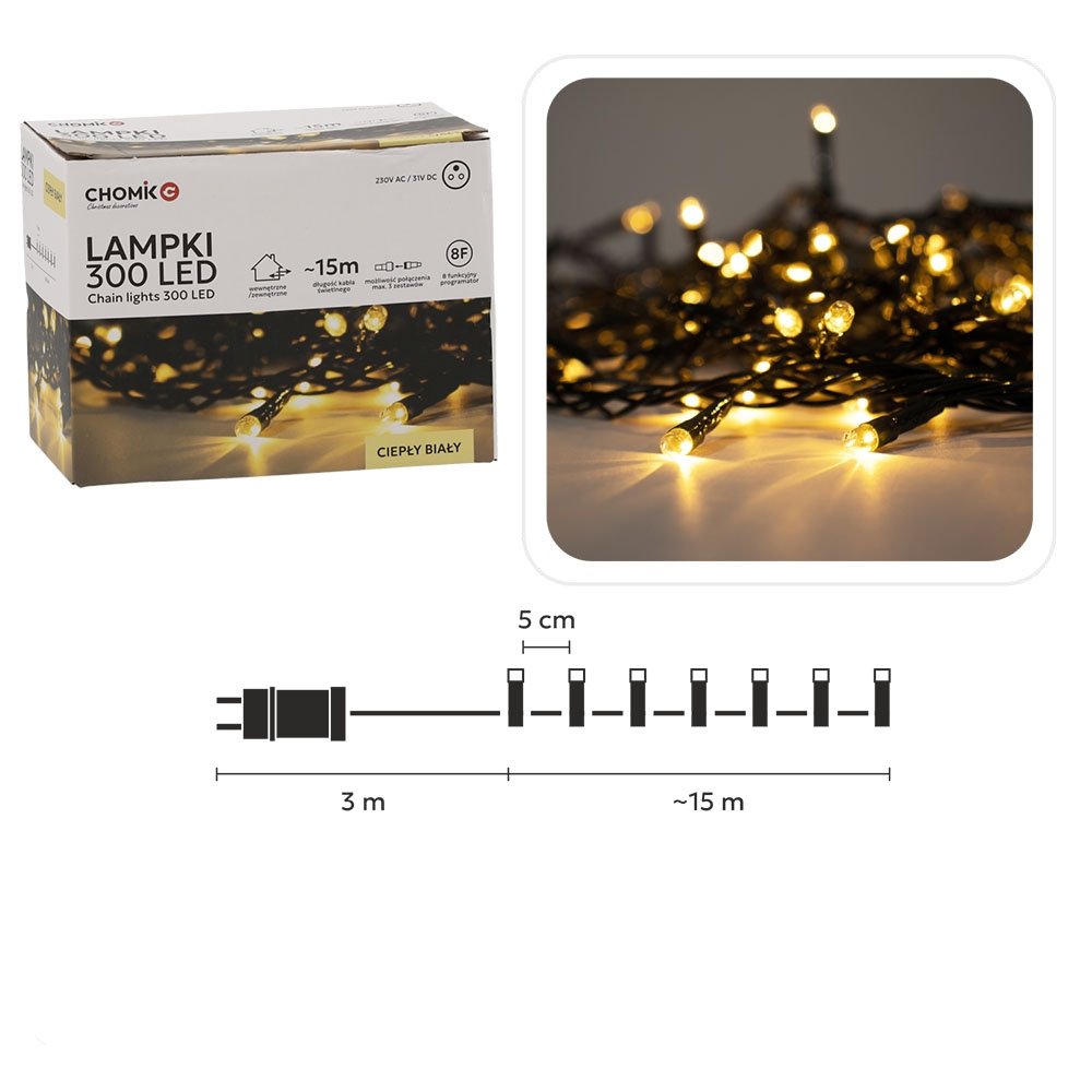 kaledines-led-girliandos-300-led-siltai-balta-sviesa-15-m Kalėdinės LED girliandos, 300 LED, šiltai balta šviesa, 15 m - Image 1