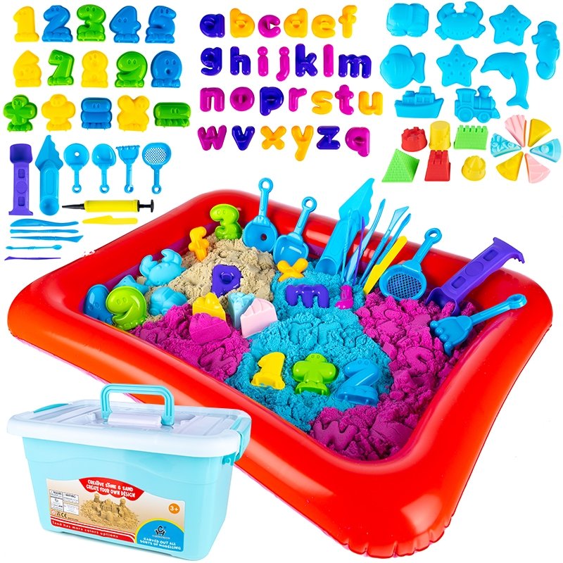kinetinio-smelio-rinkinys-su-pripuciama-deze-ir-formelemis-45-kg Kinetinio smėlio rinkinys su pripučiama dėže ir formelėmis – 4,5 kg - Image 1