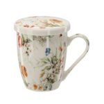 Porcelianinis puodelis su sieteliu ir dangteliu 340 ml – gėlių raštų mix - Image 3