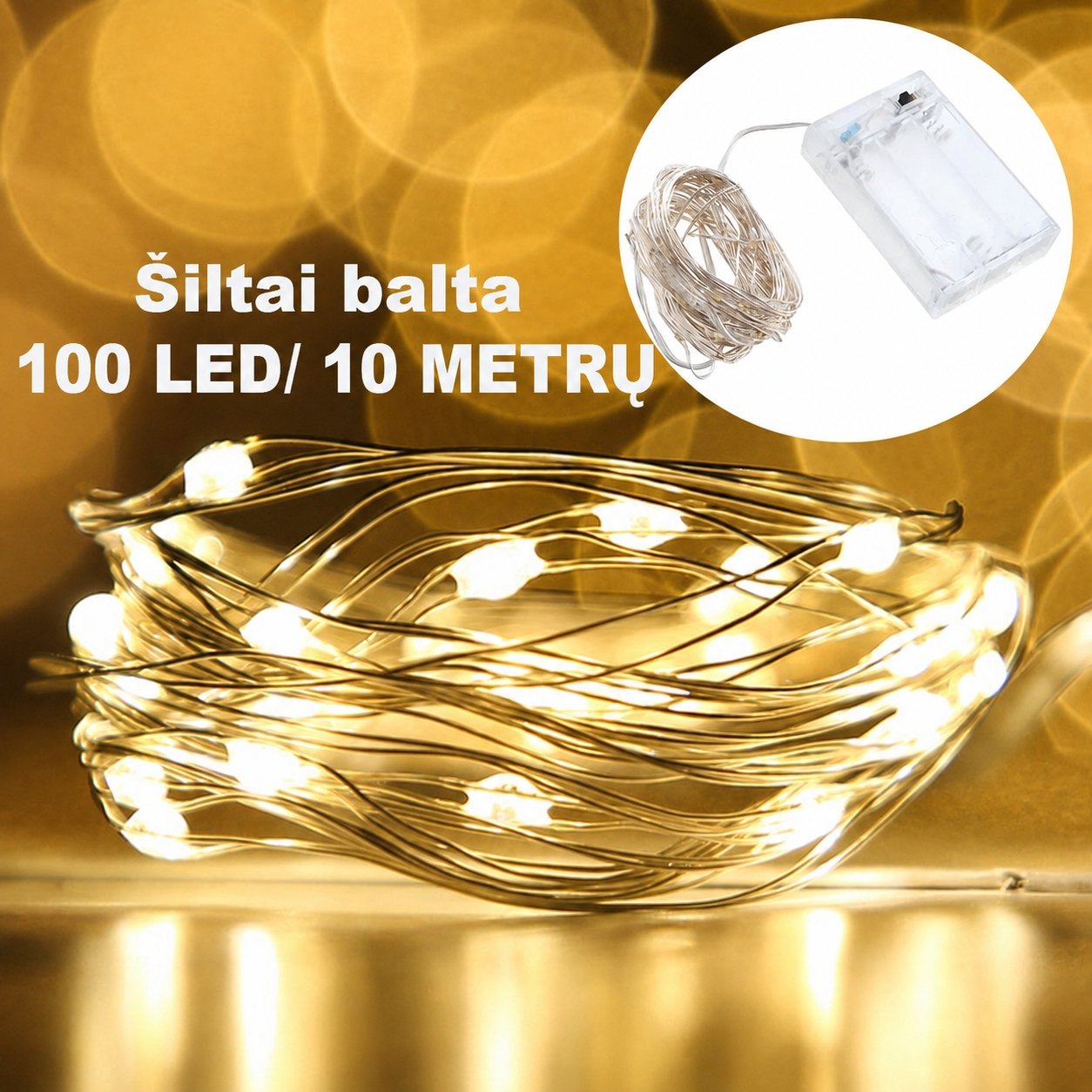 siltai-balta-led-girlianda-100-led-10-m-aa Šiltai balta LED girlianda, 100 LED, 10 m AA - Image 1