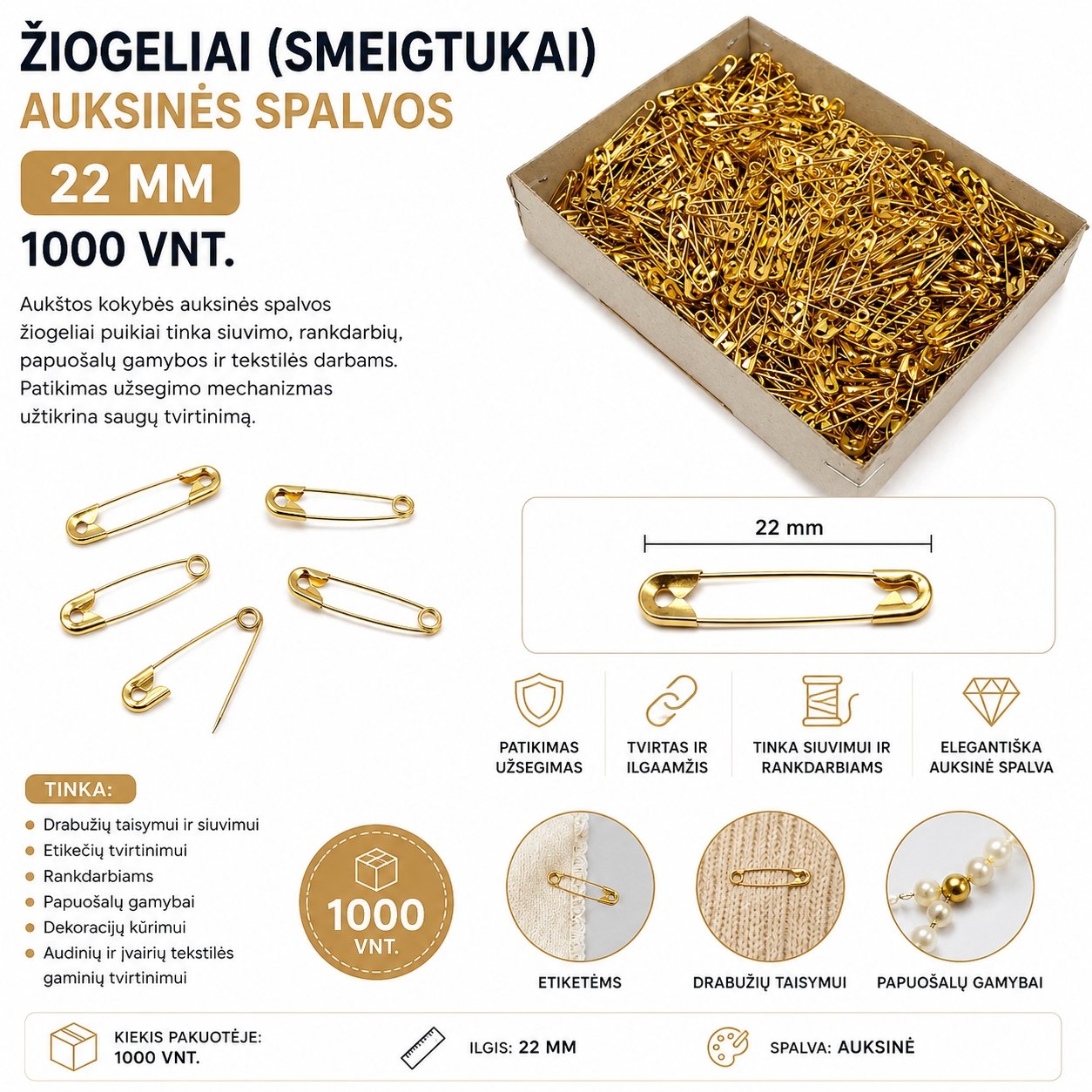 ziogeliai-smeigtukai-auksines-spalvos-22-mm-1000-vnt Žiogeliai (smeigtukai) auksinės spalvos 22 mm – 1000 vnt. - Image 1